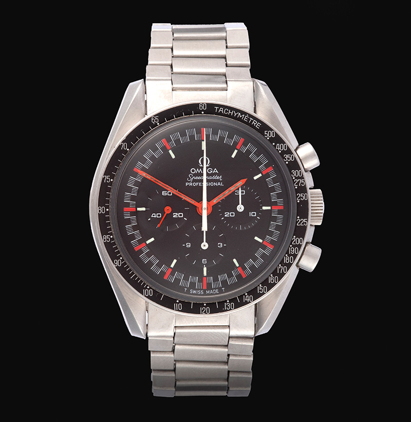 A Fine and Rare First Generation Exotic Red Racing Speedmaster Professional Chronograph Wristwatch, signed Omega, model: First Generation Professional Speedmaster Red Racing, ref: 145012, made in 1967
