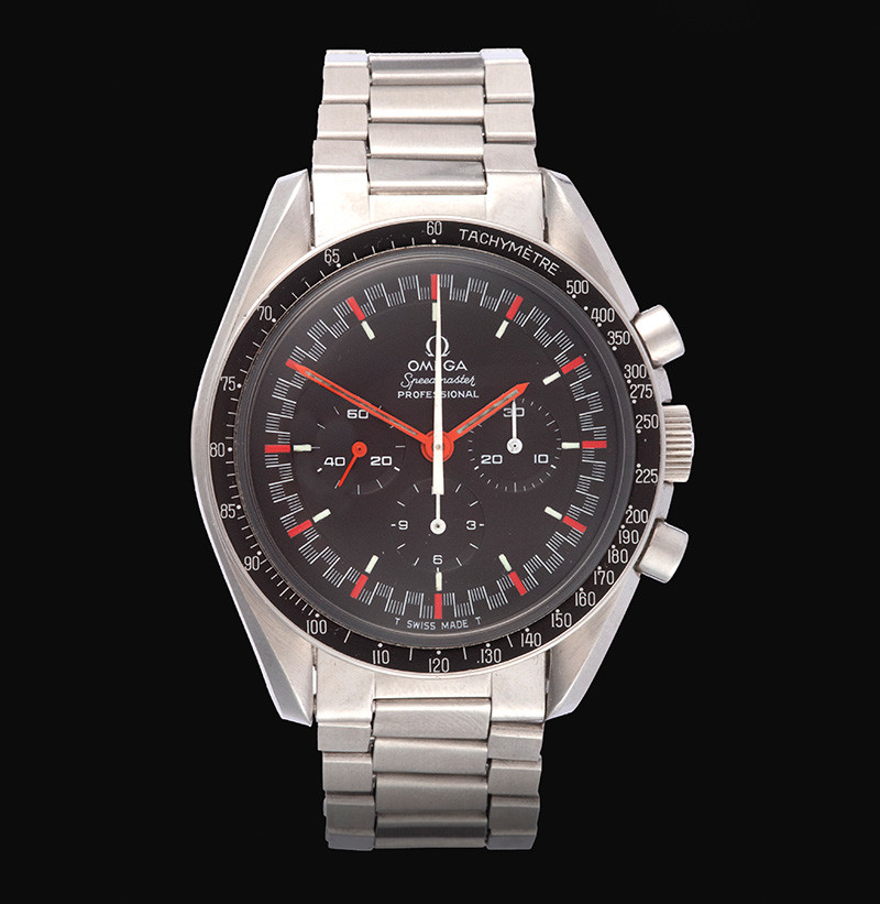 A Fine and Rare First Generation Exotic Red Racing Speedmaster Professional Chronograph Wristwatch, signed Omega, model: First Generation Professional Speedmaster Red Racing, ref: 145012, made in 1967