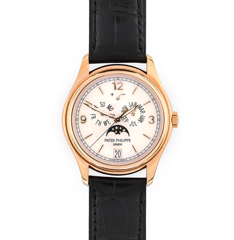 A Fine 18 Carat Rose Gold Automatic Annual Calendar Centre Seconds Wristwatch with Power Reserve Indication and Moonphase Display, signed Patek Philippe, model: Annual Calendar, ref: 5146R-001, circa 2016