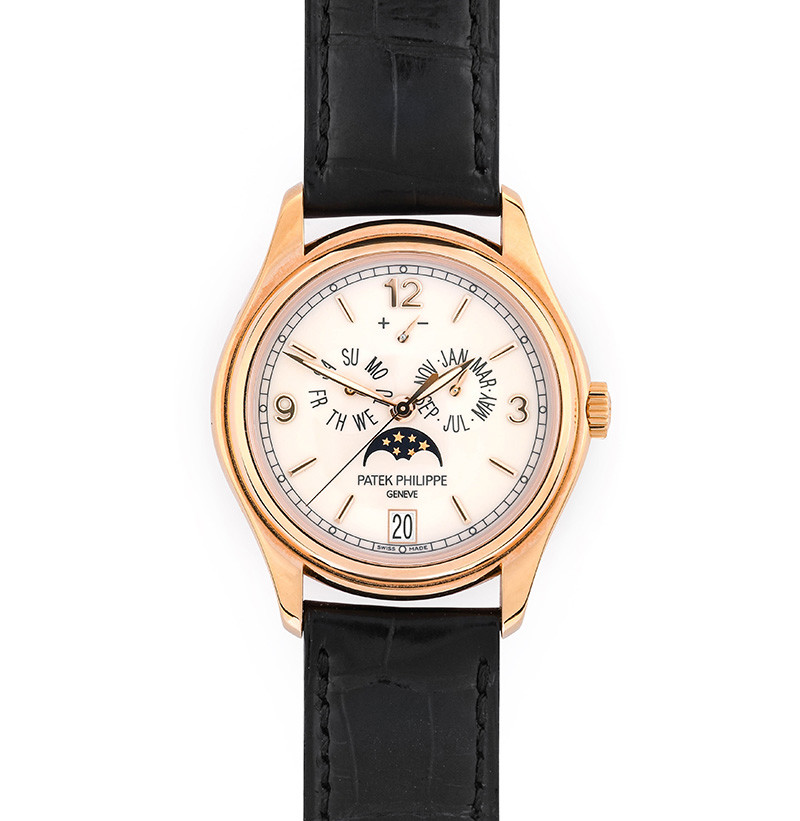 A Fine 18 Carat Rose Gold Automatic Annual Calendar Centre Seconds Wristwatch with Power Reserve Indication and Moonphase Display, signed Patek Philippe, model: Annual Calendar, ref: 5146R-001, circa 2016