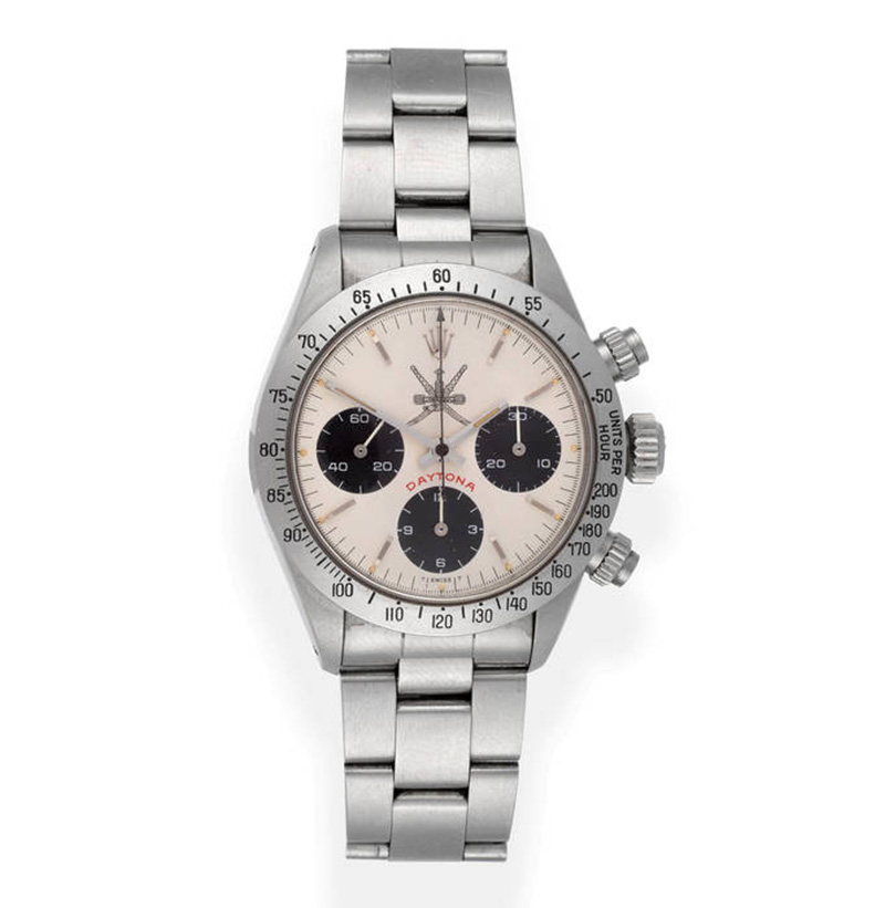 A Fine and Rare Stainless Steel Chronograph Wristwatch with the White "Khanjar" National Symbol of Oman, signed Rolex, model: Daytona, "so called Big Red", ref: 6263/6265, 1979