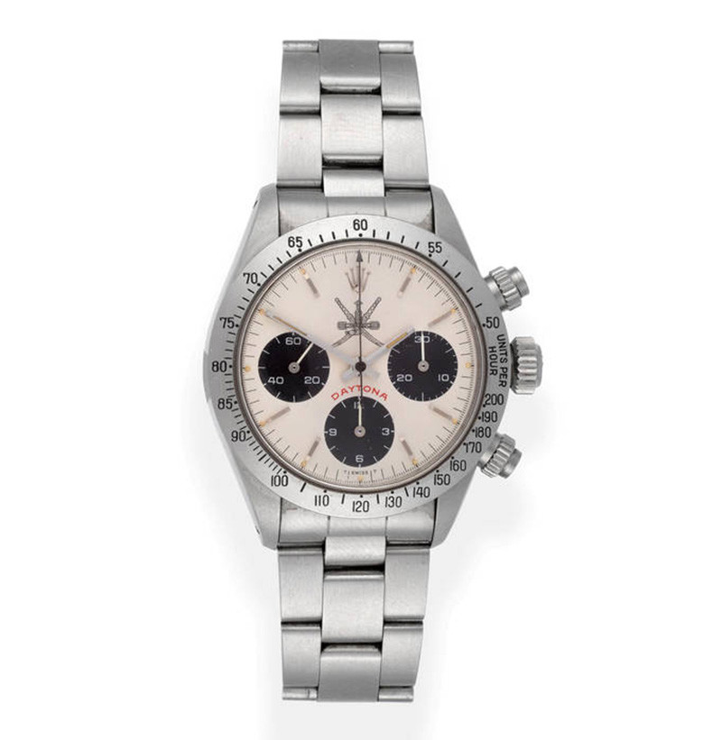 A Fine and Rare Stainless Steel Chronograph Wristwatch with the White "Khanjar" National Symbol of Oman, signed Rolex, model: Daytona, "so called Big Red", ref: 6263/6265, 1979