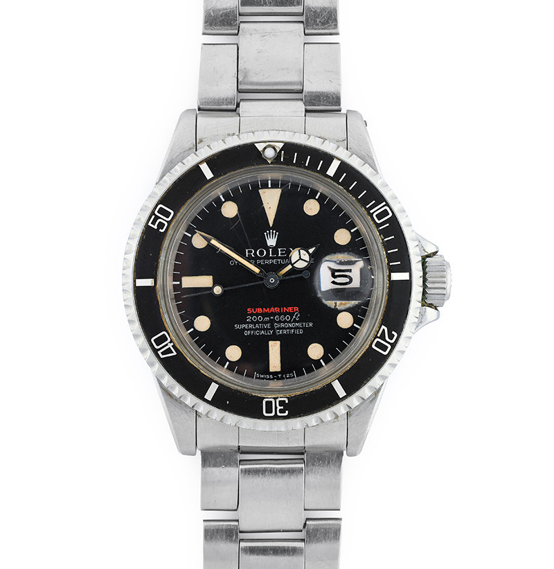 A Rare Single Red Line Submariner Automatic Calendar Centre Seconds Wristwatch, signed Rolex, Oyster Perpertual Date, 200m=660ft, Superlative Chronometer Officially Certified, model: Submariner, ref: 1680, 1969