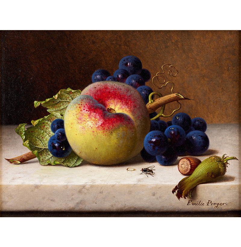 Emilie Preyer (1849-1930) Still life of a peach, black grapes and cobnuts on a marble shelf