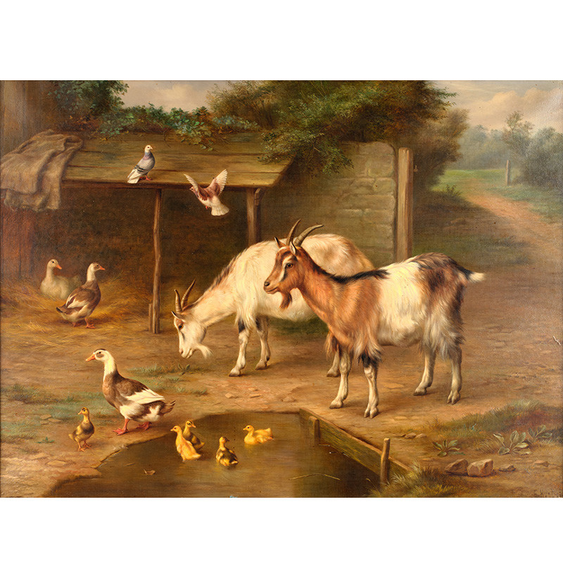 Edgar Hunt (1876-1953) Farmyard pond with goats, ducks and ducklings