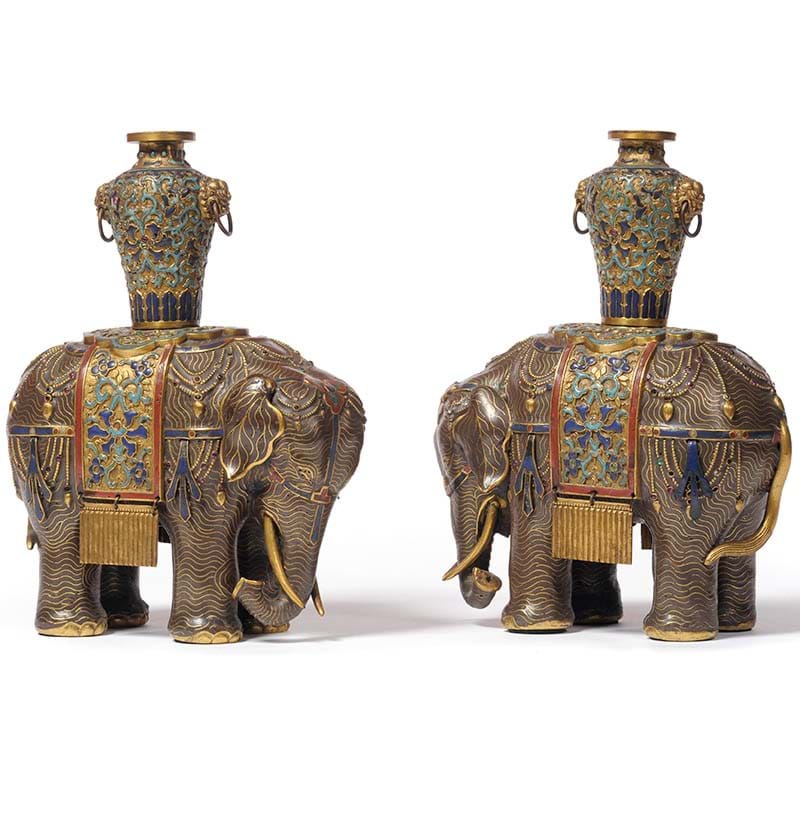 A Pair of Chinese Cloisonné Enamel Elephants, Qing Dynasty, circa 1800