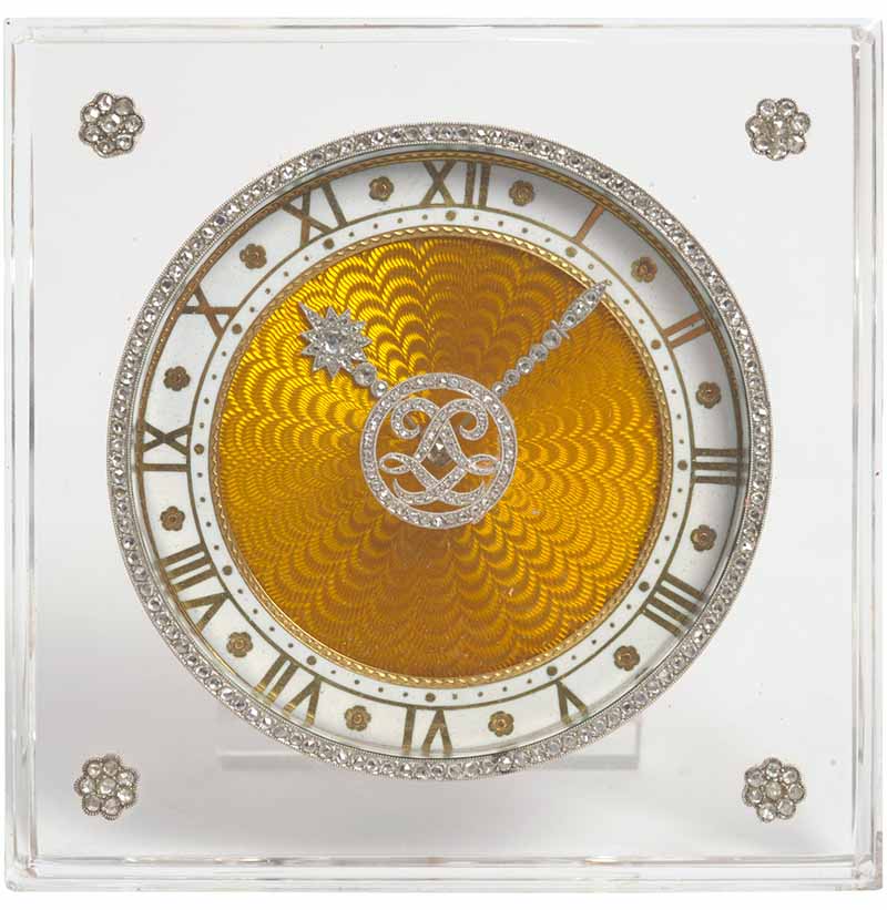 A Rare Art Deco Rock Crystal, Enamel and Diamond Set Strut Desk Timepiece, signed Cartier, circa 1925