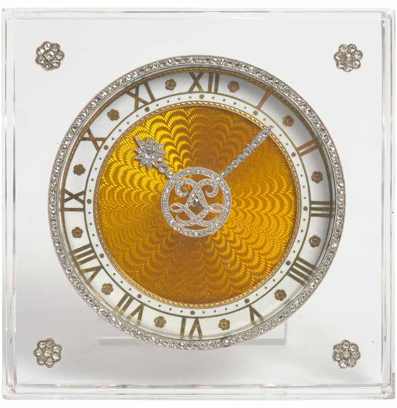 A Rare Art Deco Rock Crystal, Enamel and Diamond Set Strut Desk Timepiece, signed Cartier, circa 1925