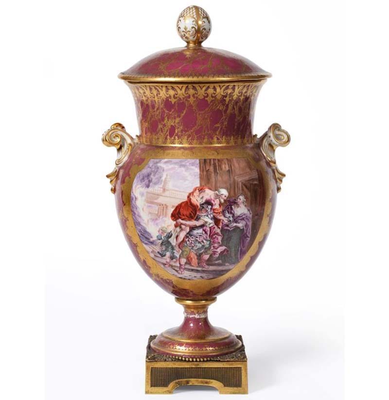 A Gilt Metal Mounted Chelsea Twin-Handled Urn Shape Porcelain Vase and Cover, circa 1765