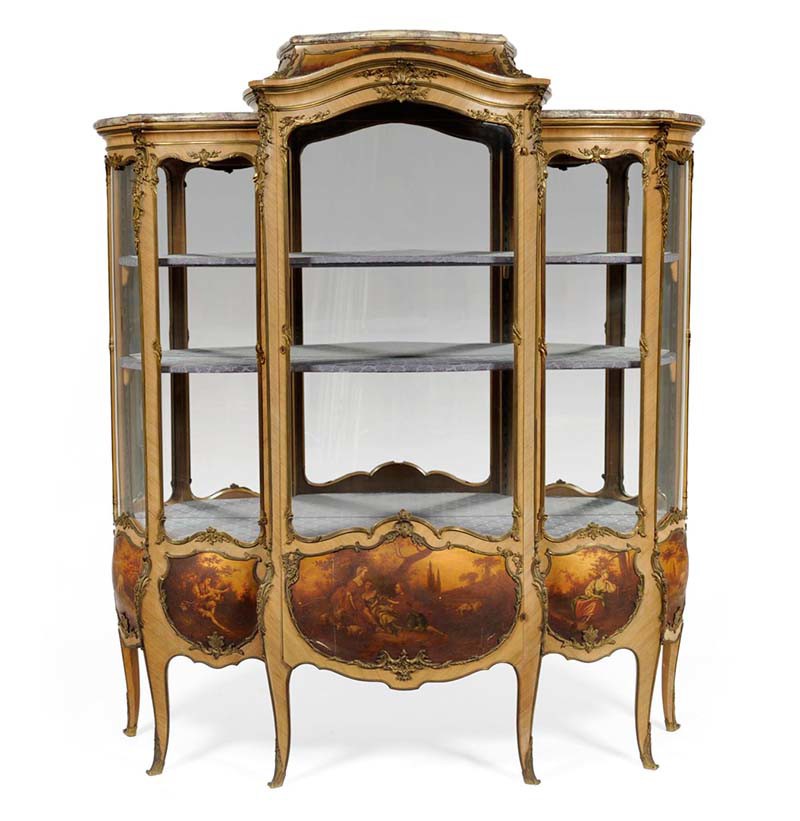An Impressive Louis XV Vernis Martin Style Rosewood Breakfront Vitrine, late 19th century