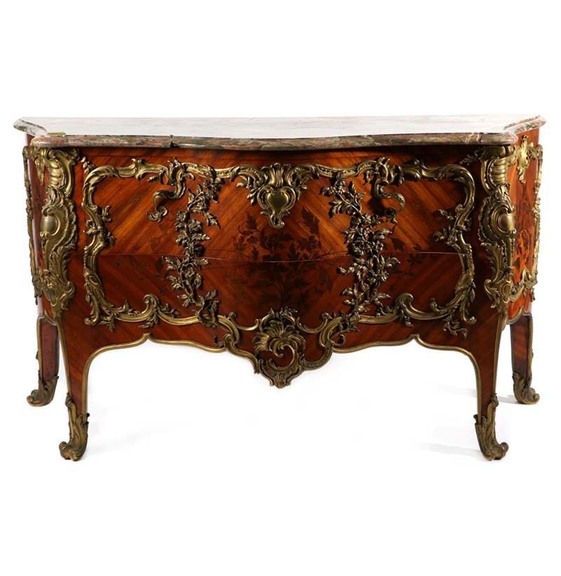 A Louis XV Style Tulipwood, Purpleheart and Gilt Metal Mounted Commode, in the manner of Pierre Roussel, late 19th century