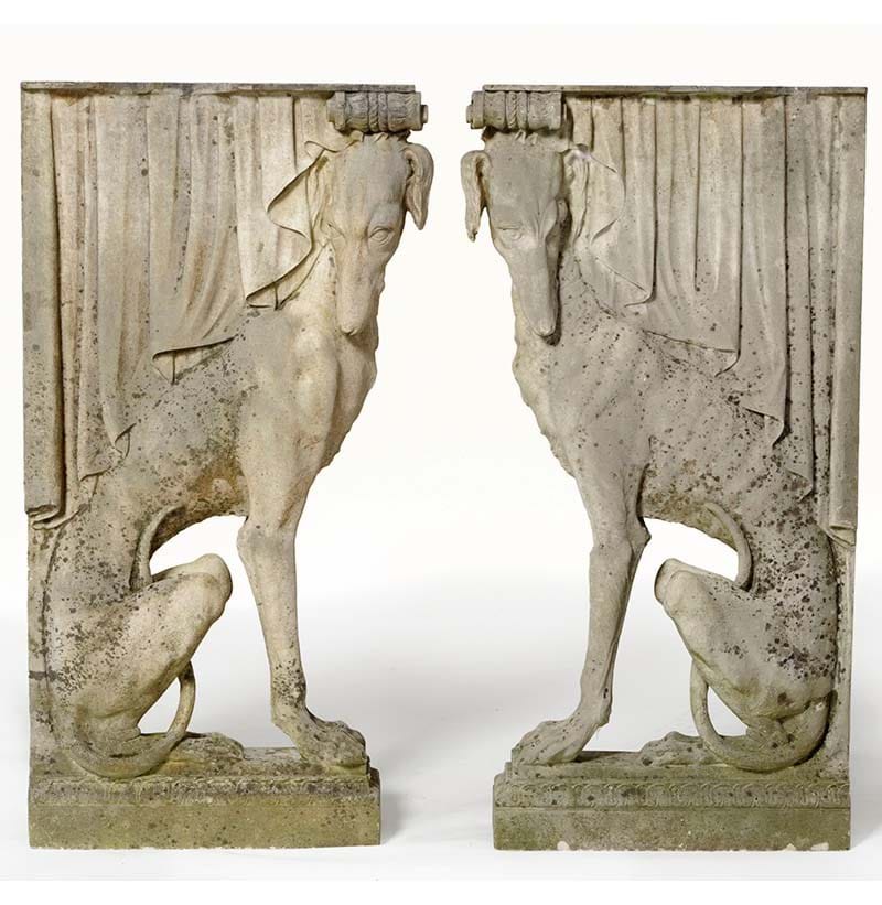 A Pair of Carved White Marble Greyhound Form Furniture Supports, late 18th/early 19th century