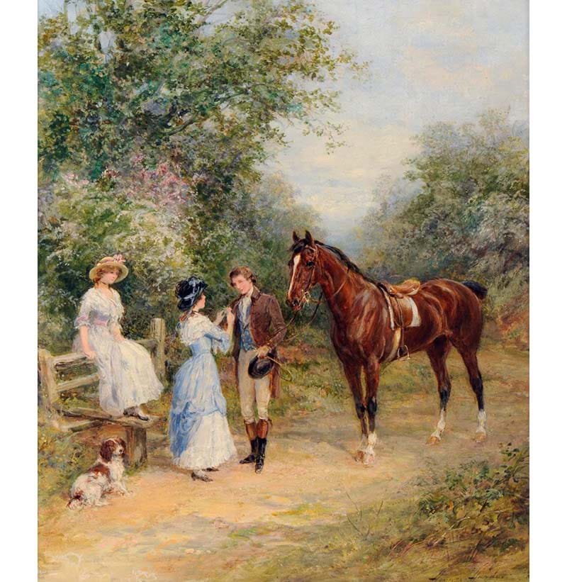 Heywood Hardy ARWS, RPE (1843-1933), ‘A dismounted gentleman with ladies at a country stile (one of a pair)