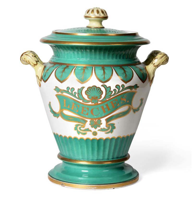 A Samuel Alcock & Co., Cobridge, Staffordshire Earthenware Pharmacy Leech Jar and Cover