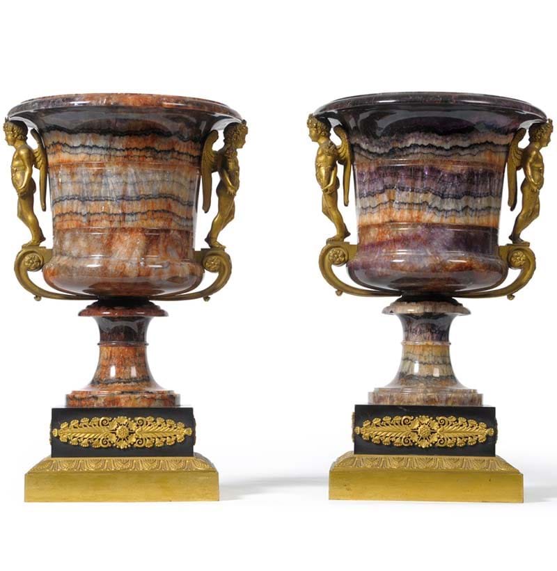 A Pair of Ormolu Mounted Blue John Campana Shaped Pedestal Urns, 19th century, the mounts in the manner of Pierre-Philippe Thomire