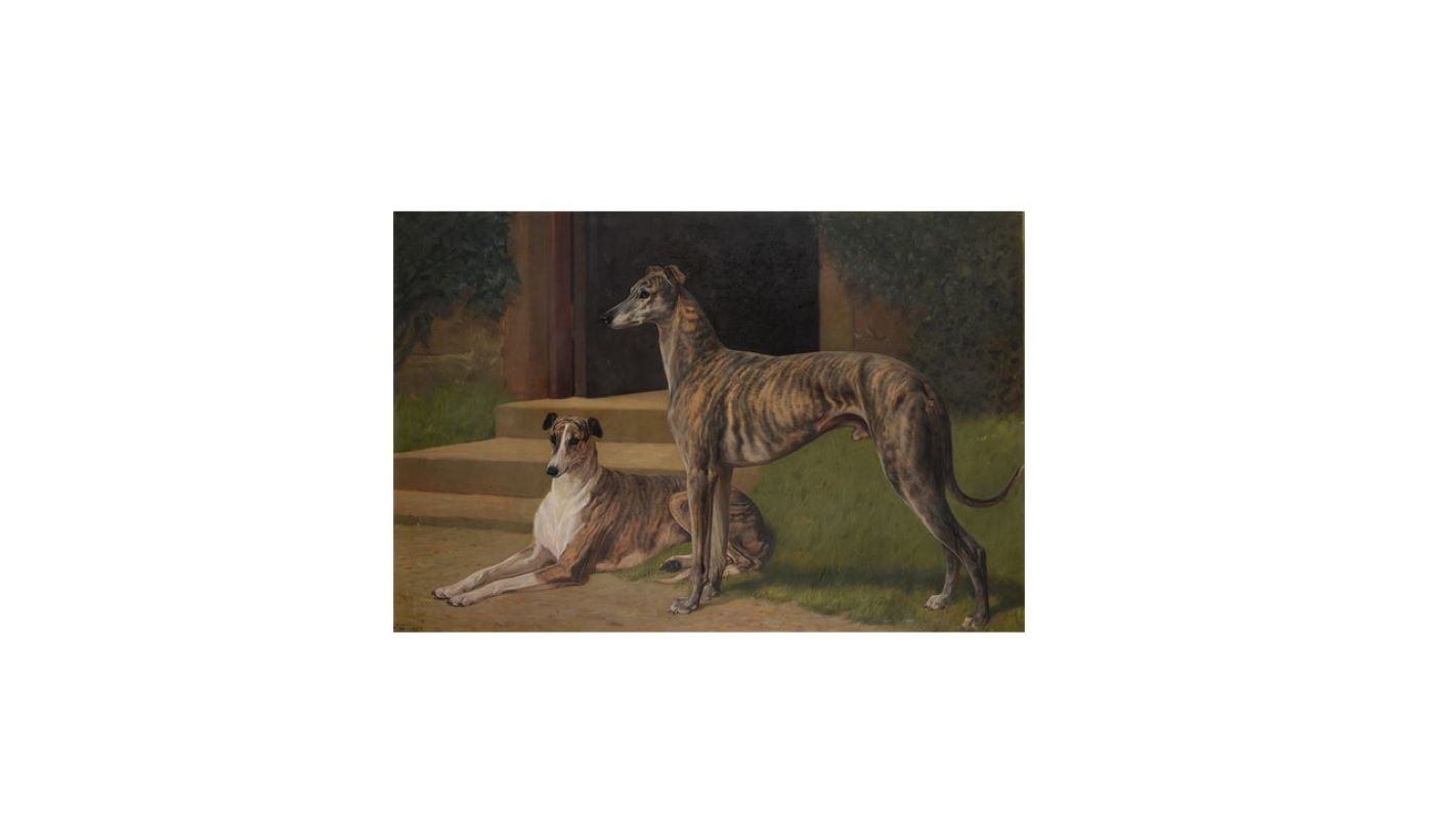 John Charlton (1849-1917)"Greyhounds 'Fullerton' and 'Bit of Fashion' outside Shortflatt Tower" 