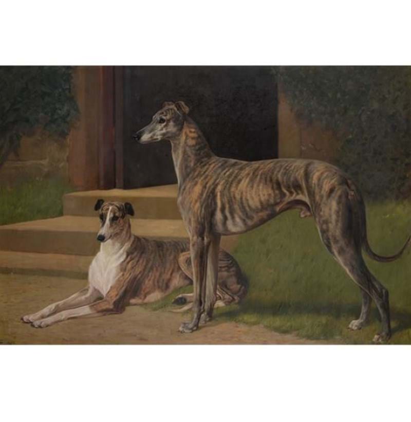 John Charlton (1849-1917)"Greyhounds 'Fullerton' and 'Bit of Fashion' outside Shortflatt Tower" 