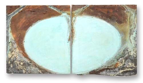 Stephen Cox (b.1946) "Crucifixion V" Signed, titled and dated (19)86 on the reverse of one part, two parts of travertine marble with black cement and oxides, from series of St Pauls at Haringey, 89cm by 91cm overall