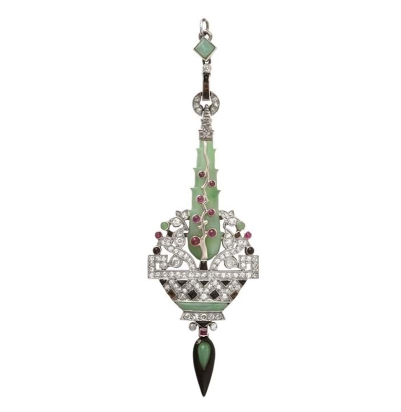 An Art Deco Jade, Diamond, Ruby and Onyx Pendant, Lang, Paris, circa 1925