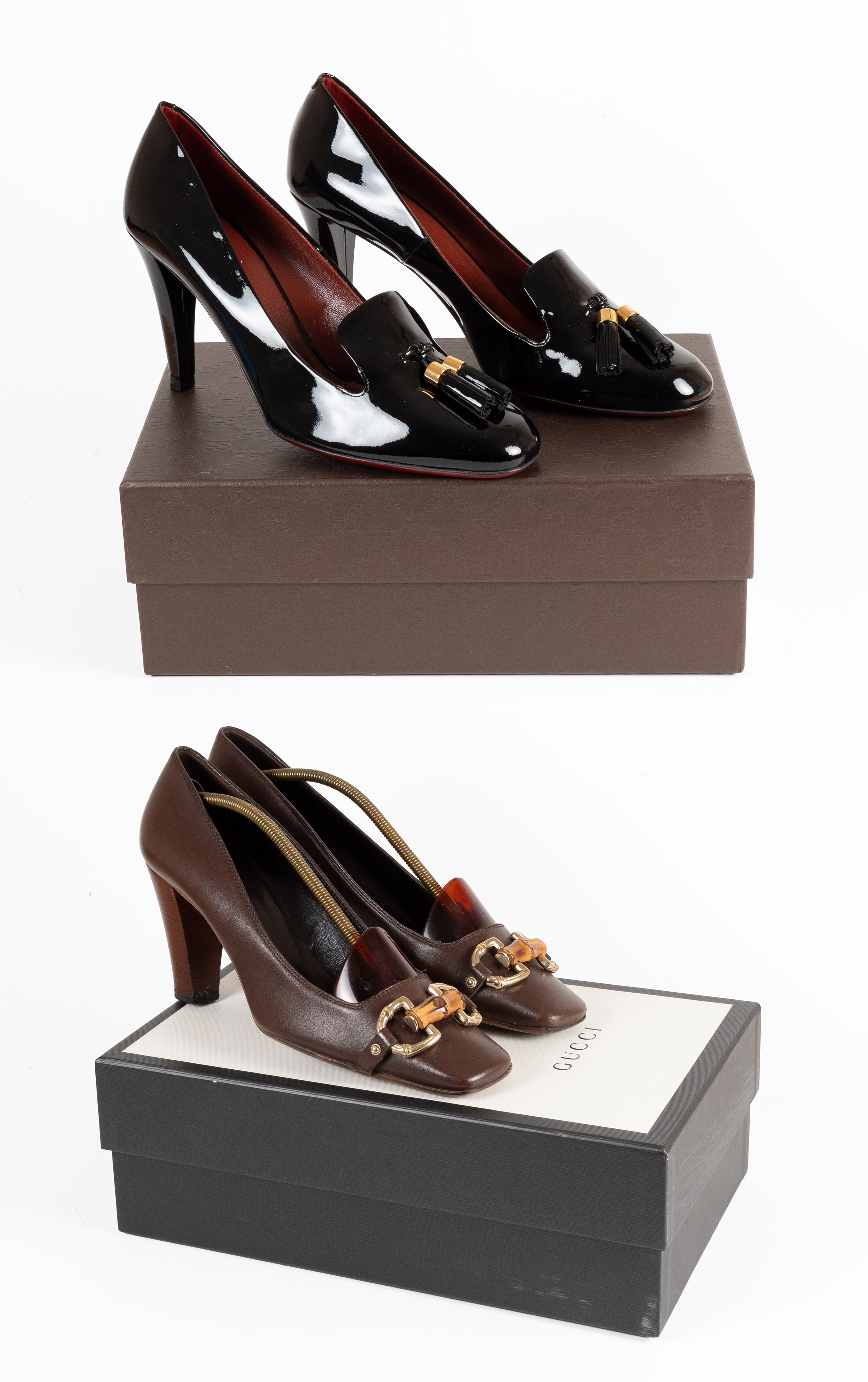 A Pair of Gucci Black Patent Leather Tasselled Heels