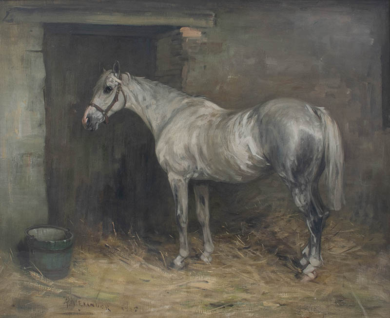 Robert L Alexander RSA RSW (1840-1923) Scottish Standing grey horse in a stable