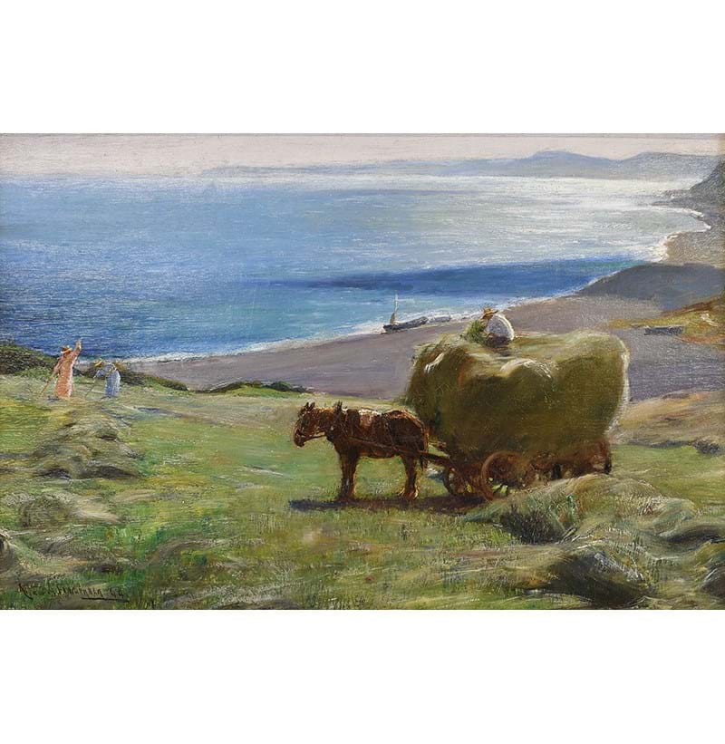 Arthur A Friedenson (1872-1955) Loaded hay wagon and haymaking before a sun drenched coast