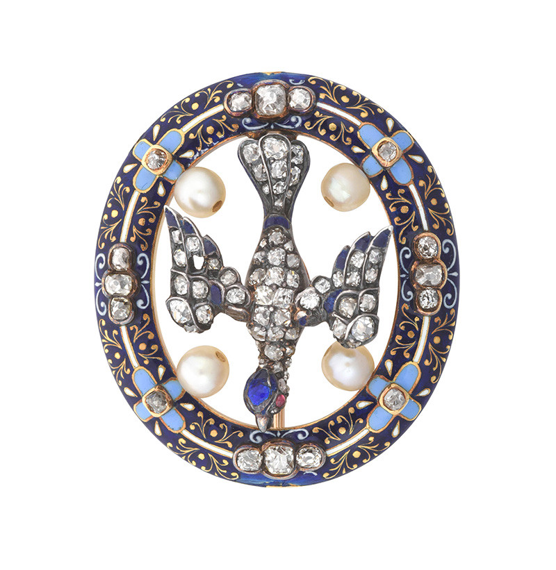 A 19th Century Enamel, Pearl and Diamond Saint Esprit Brooch