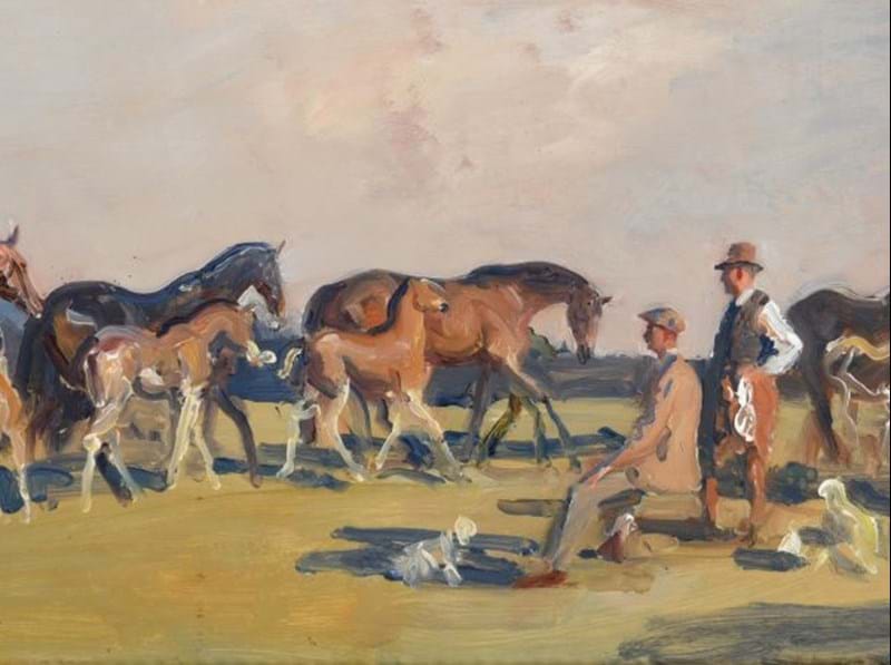 Sir Alfred Munnings: "Lord Astor on Shooting Stick with Horses"