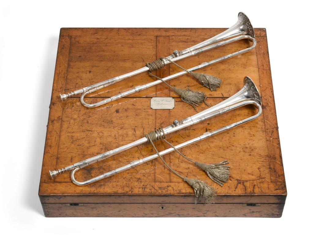 A Pair of Victorian Silver Ceremonial Natural Trumpets Tennants Auctioneers