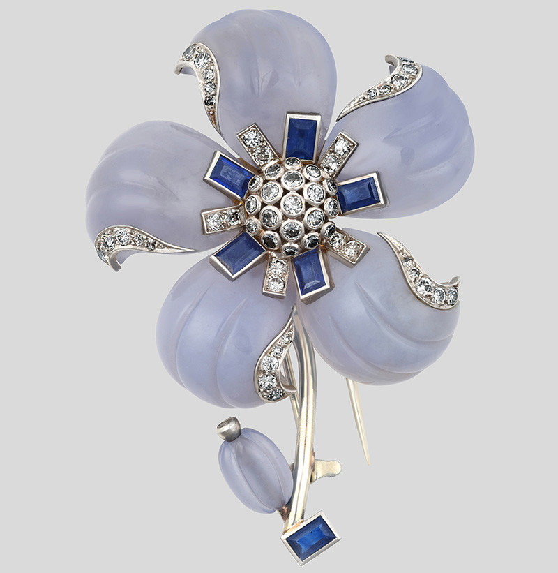 Property of a Lady A Chalcedony, Sapphire and Diamond Flower Brooch, by Suzanne Belperron