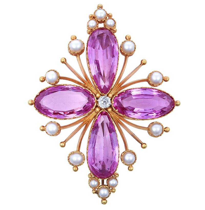A Diamond, Pink Topaz and Split Pearl Brooch