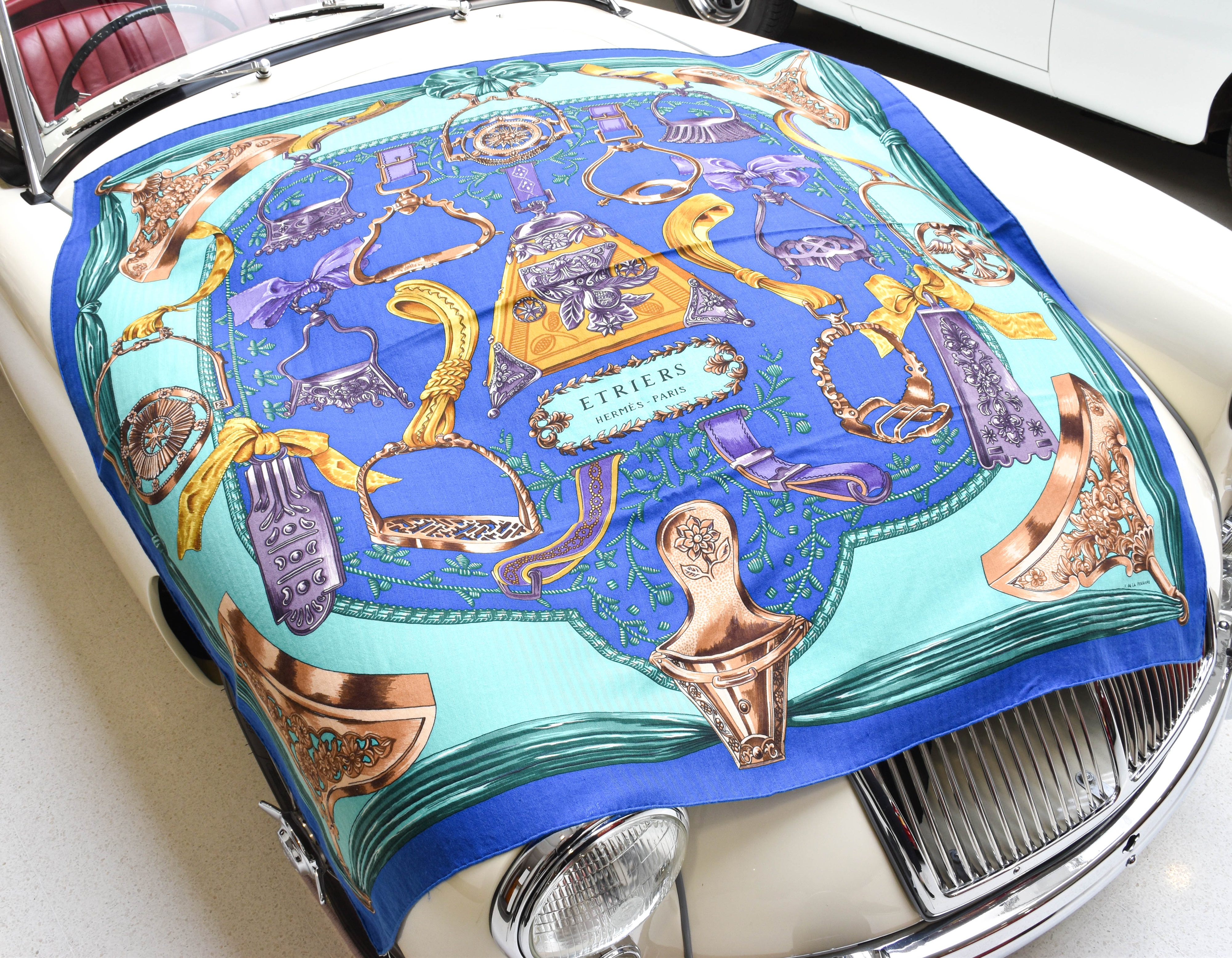 Hermès Cashmere and Silk Large Scarf 'Etriers' Designed by Francoise de la Perrière