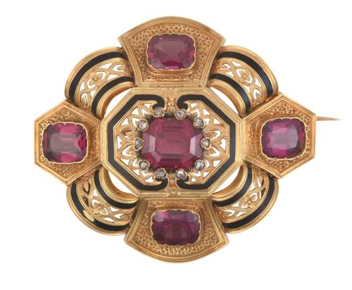 A Garnet, Diamond and Enamel Brooch, circa 1860 