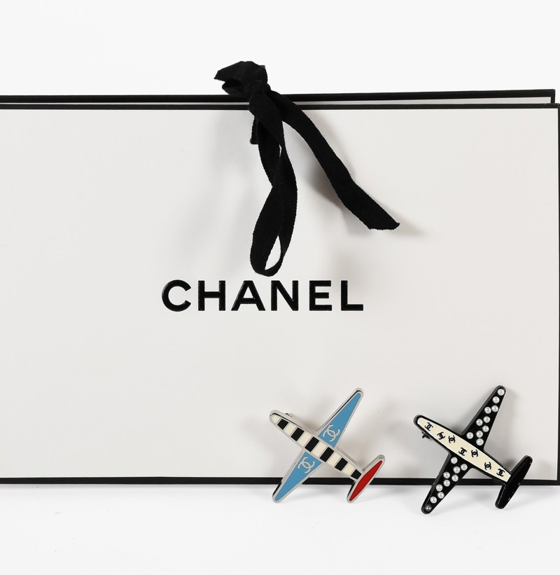 Two Chanel Enamel and Simulated Pearl Aeroplane Pins