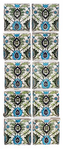 William De Morgan: Two Sets of Ten Early Fulham Period New Person No. 1 Chelsea Fireplace Tiles - Sold for £2,000 plus buyer's premium